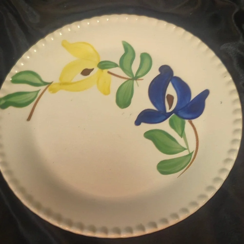 Vintage Hand Painted Floral Ceramic Bread Plate Scalloped Edge Blue Yellow 6.25